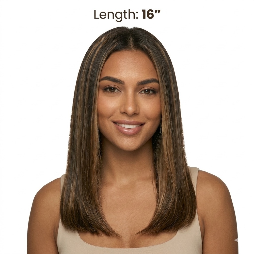 THAT HAIR STRAIGHT Dark Brown w/blonde highlights.